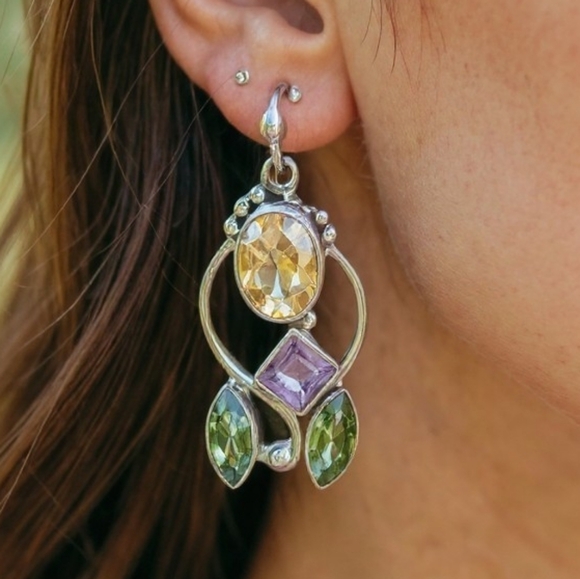 Jewelry - Silver Earrings with Citrine, Amethyst & Peridot #408